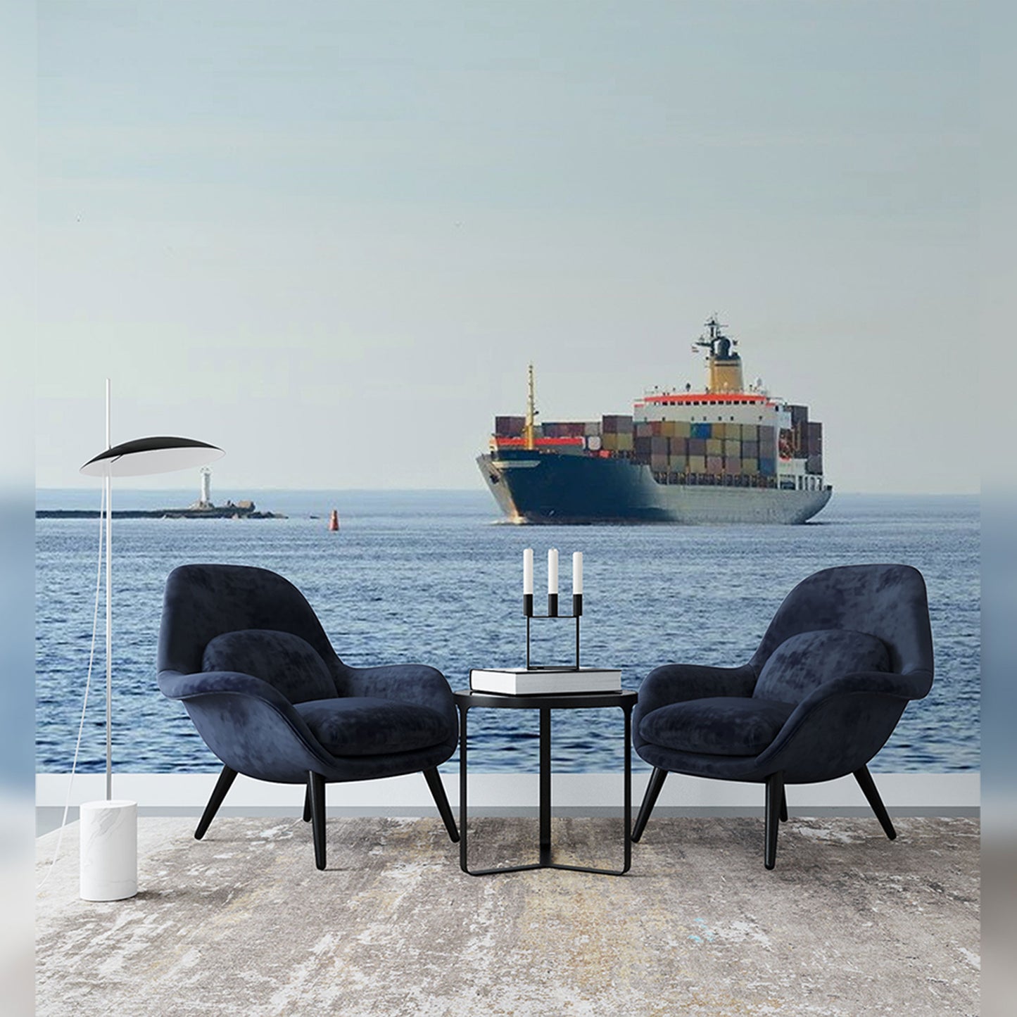 Nautical-Themed Lounge with Ocean Freight Mural