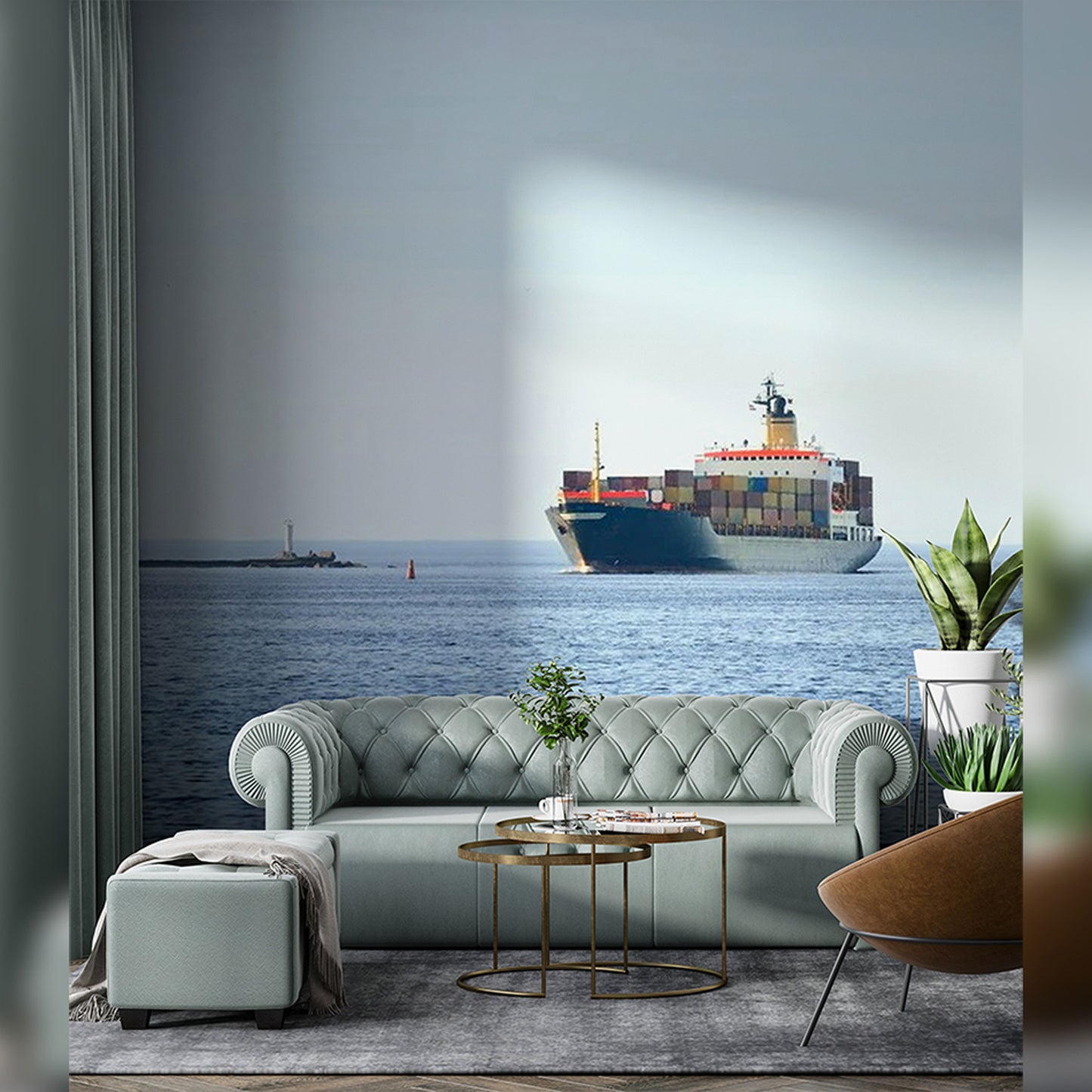 Nautical-Themed Lounge with Ocean Freight Mural