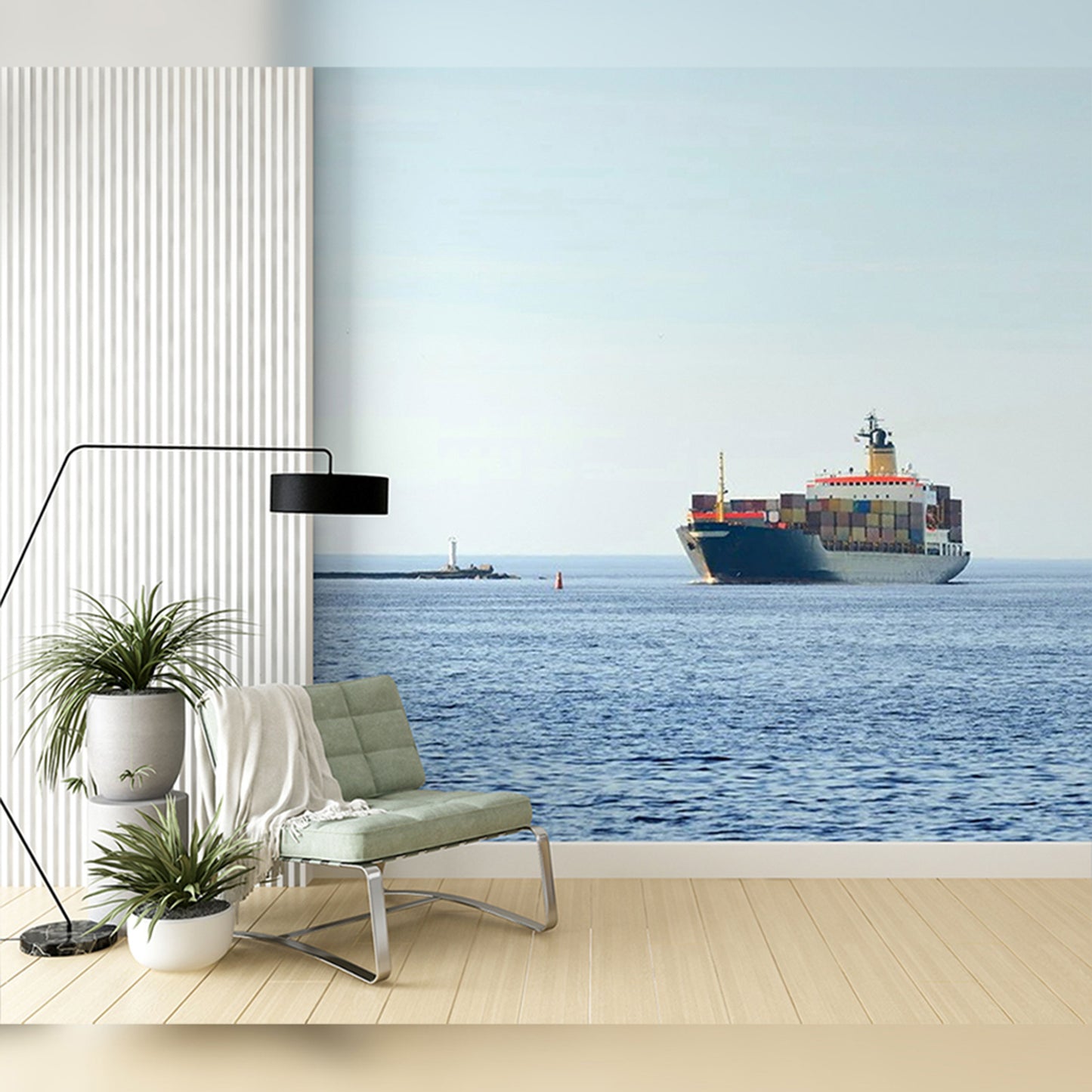 Nautical-Themed Lounge with Ocean Freight Mural