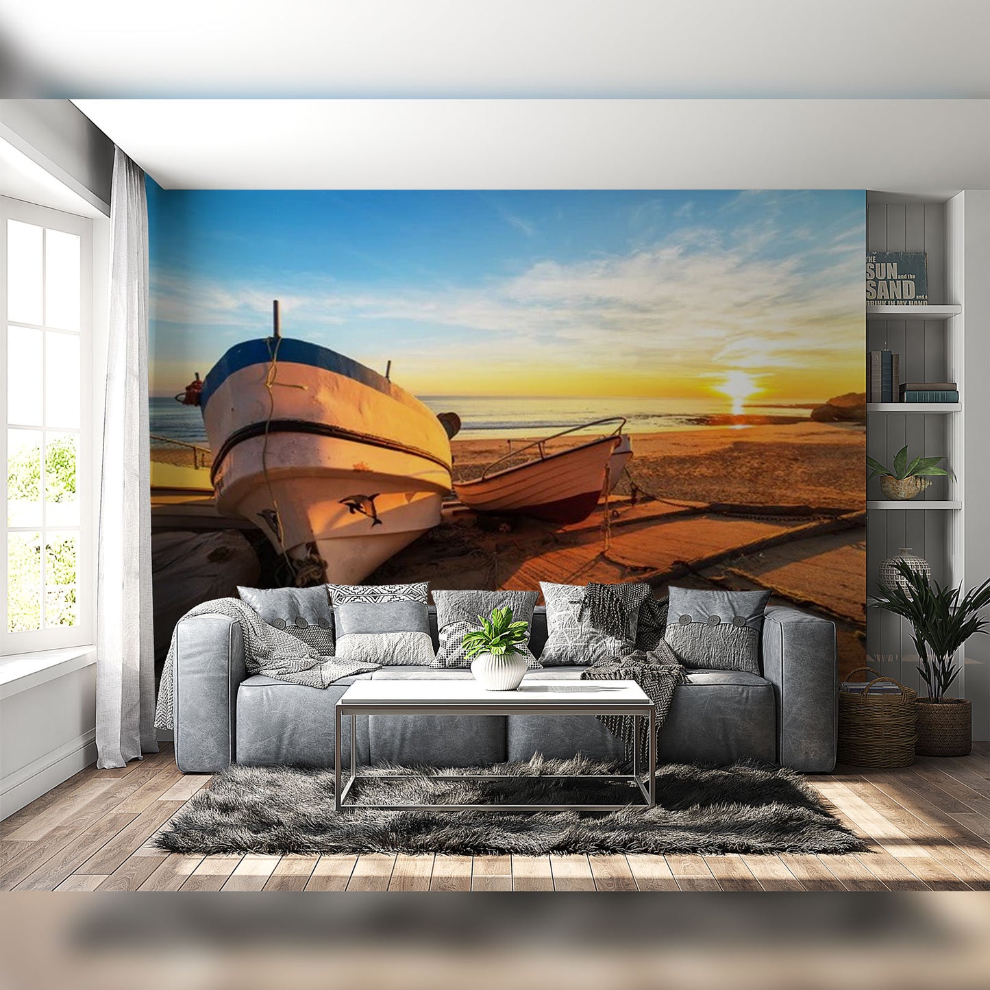 Coastal Living Room with Sunset Beach Mural