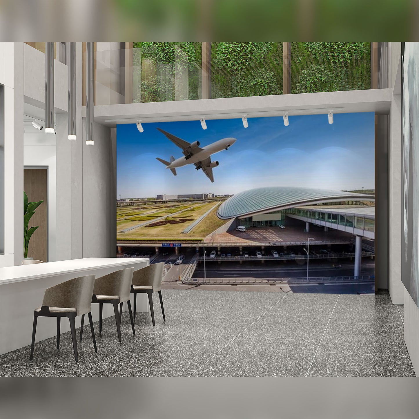 Modern Airport Aesthetic with Aircraft in Flight: Futuristic Design