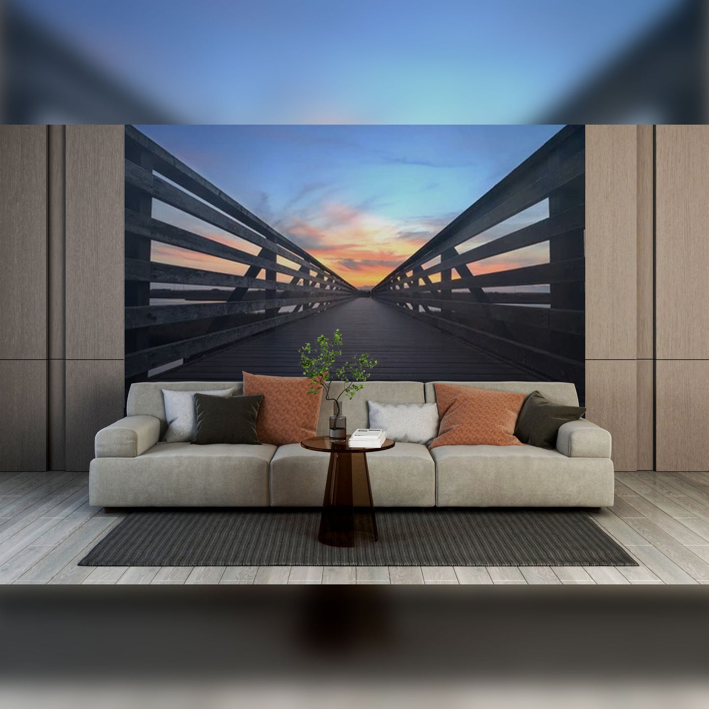 Modern Living Room with Scenic Bridge Wall Mural