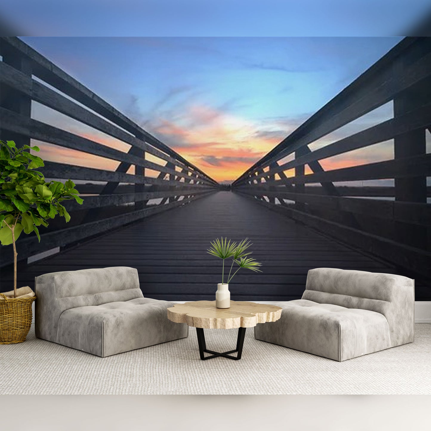 Modern Living Room with Scenic Bridge Wall Mural