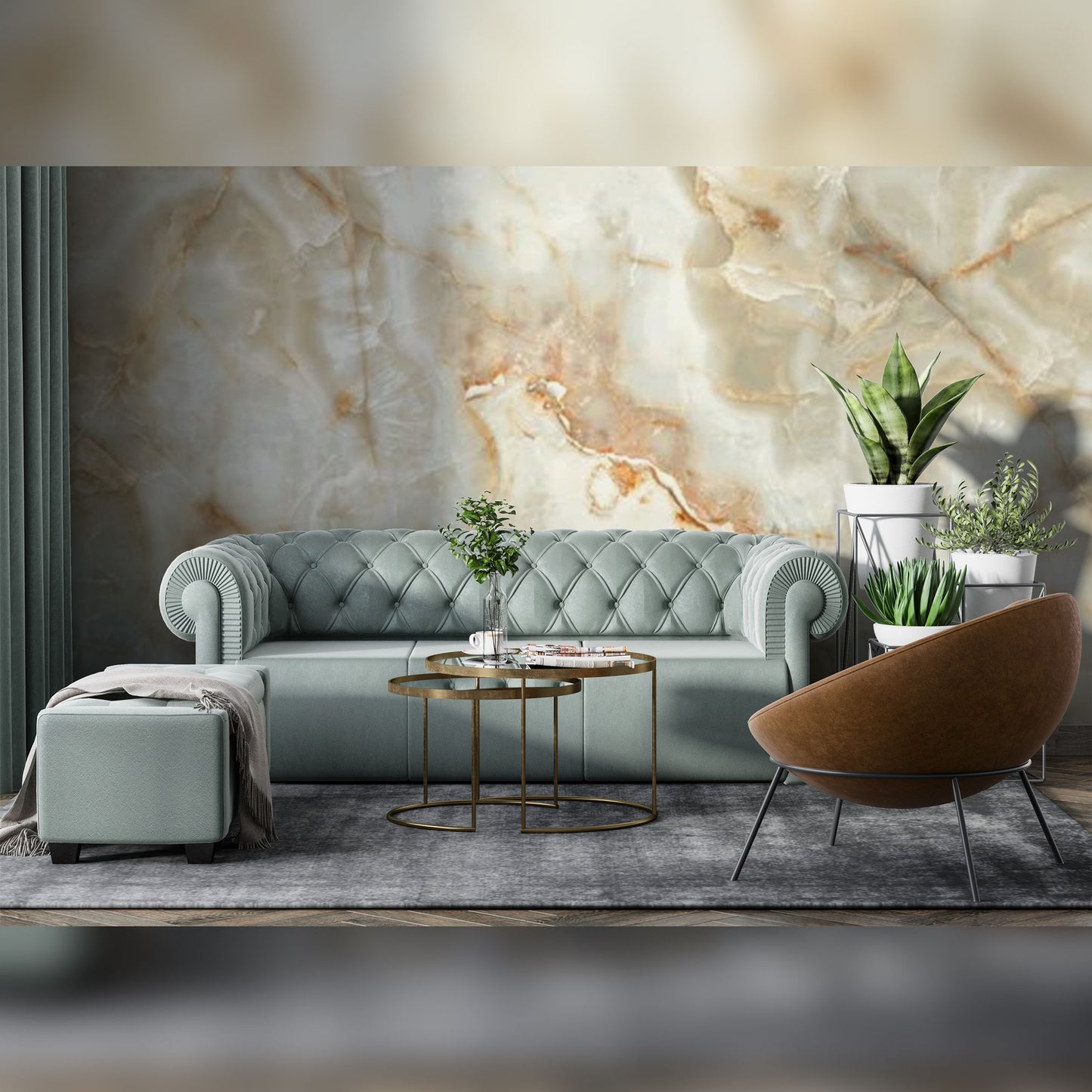 Elegant Living Room with Marble-Inspired Wall Mural