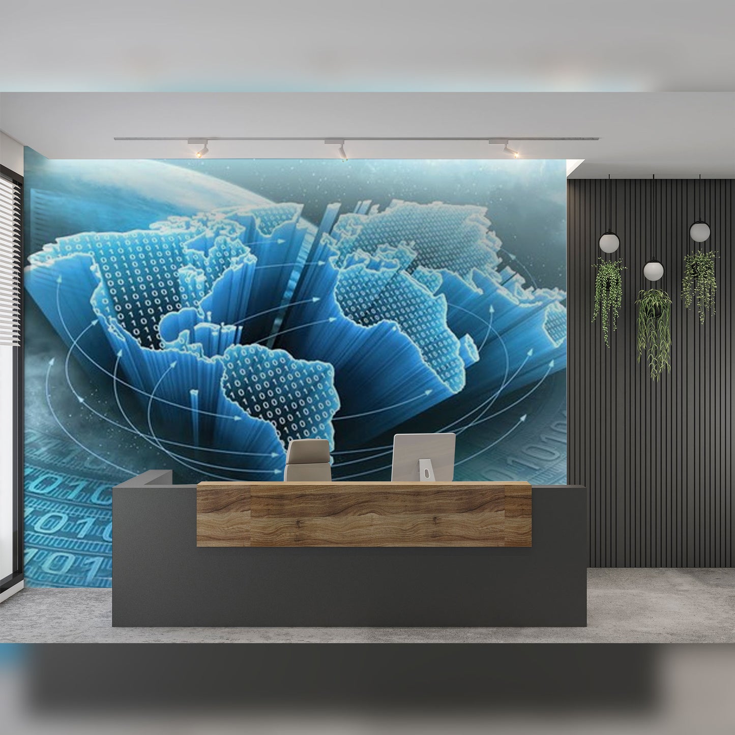 Digital World Map in Modern Office Space