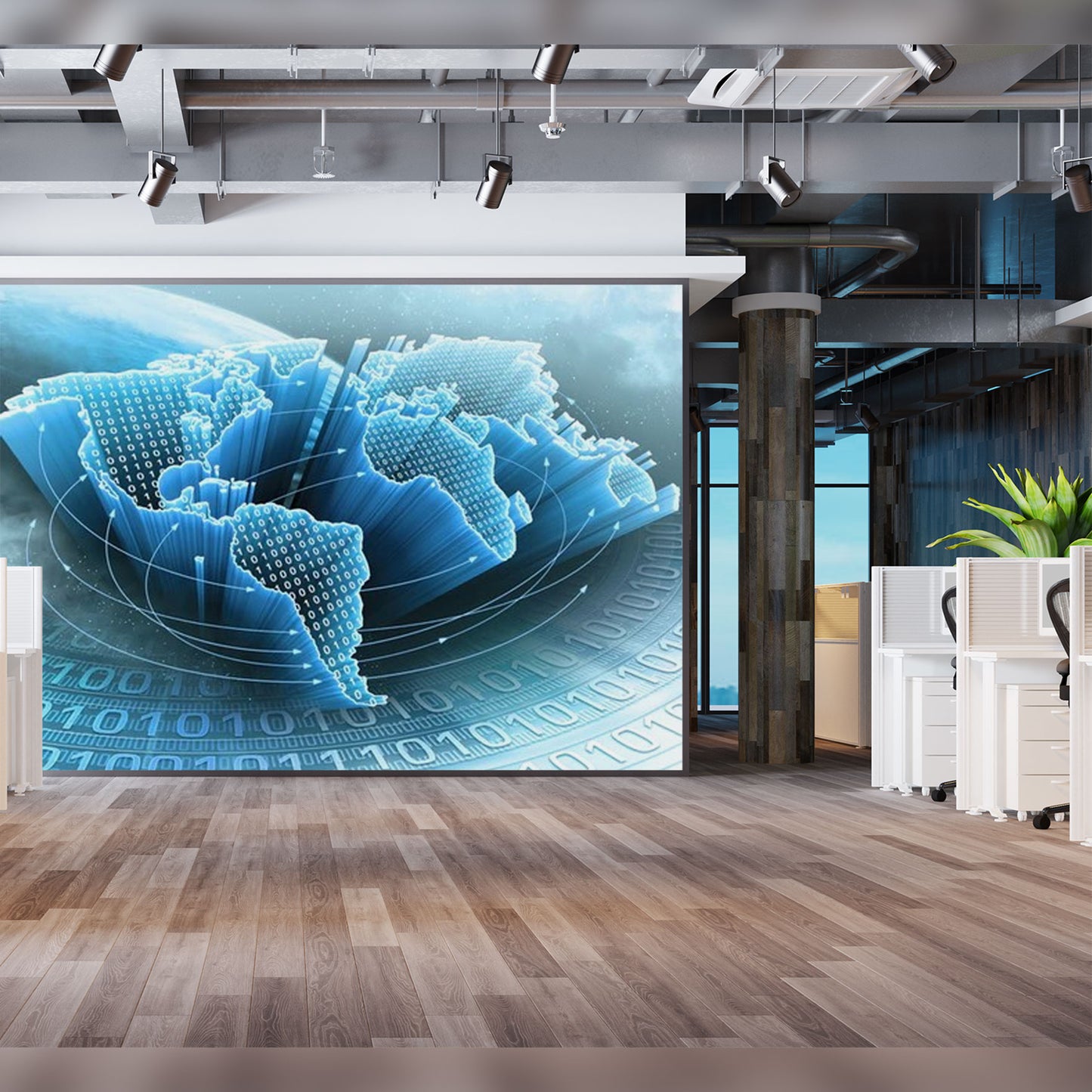 Digital World Map in Modern Office Space