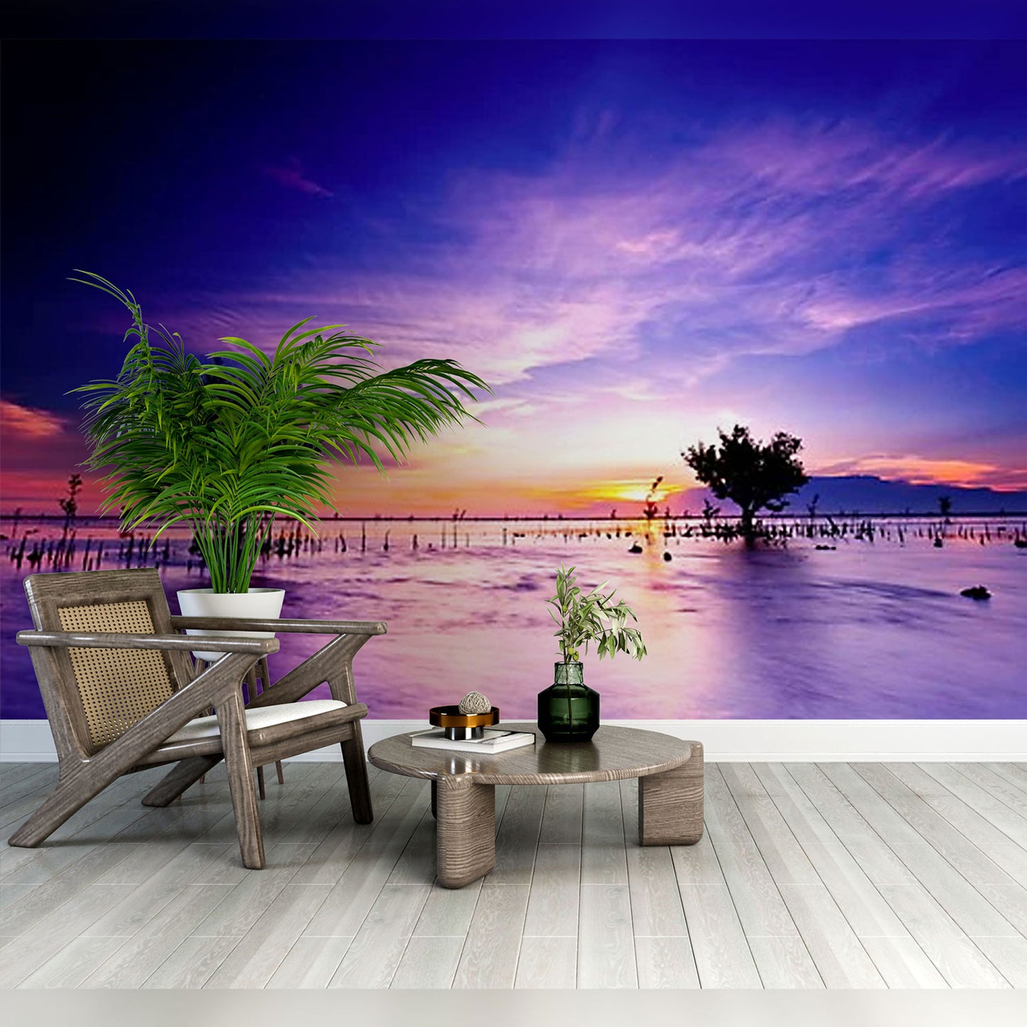 Mystical Waterscape at Sunset in Modern Lounge