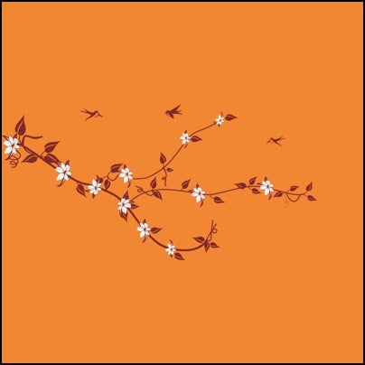 0373-Flowery, Leafy Branch And Birds Flying