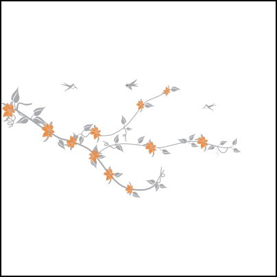 0373-Flowery, Leafy Branch And Birds Flying