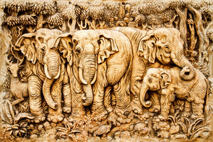 Elephants in the Wild: Wood Carving Masterpiece