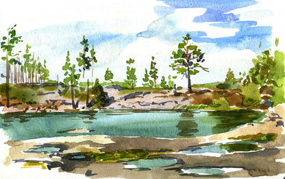 Tranquil Riverbank: A Watercolor Landscape