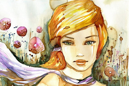 Vibrant Watercolor Portrait of a Woman with Flowing Scarf