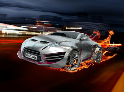 Futuristic Sports Car in Motion with Fiery Trails