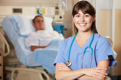 Caring Nurse with a Patient in a Hospital Room