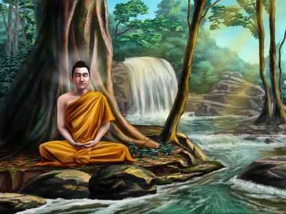 Buddha Meditating in a Serene Forest by a Waterfall