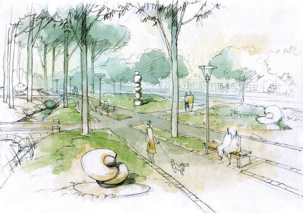 Conceptual Sketch of a Serene Park with Sculptures