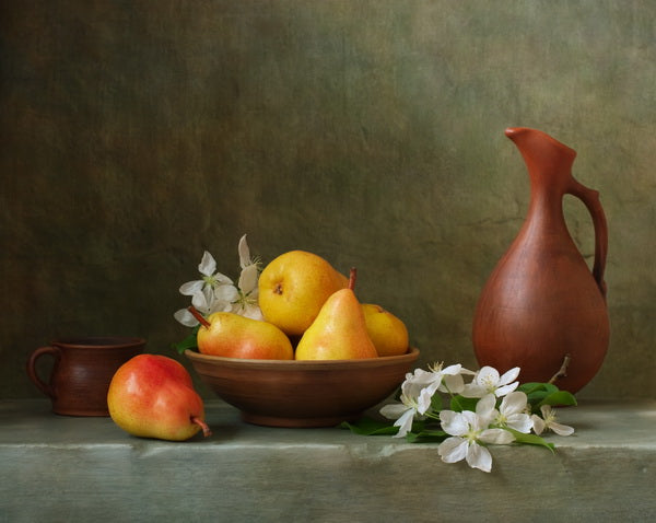 Rustic Still Life with Pears and Clay Pottery