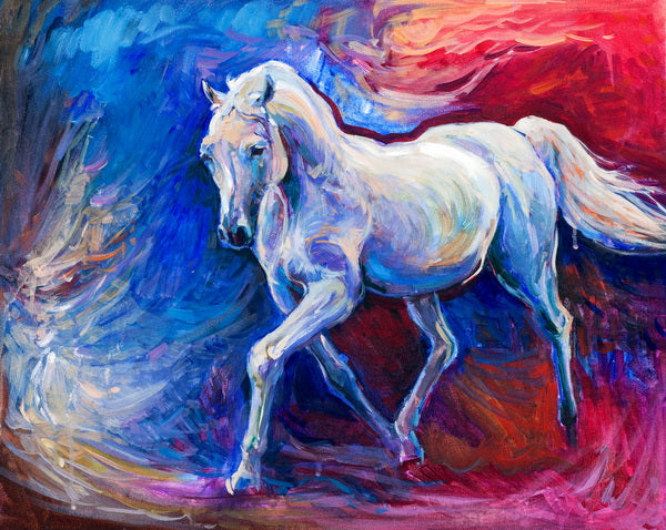 Majestic White Horse in a Whirlwind of Color