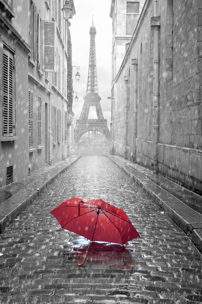 Paris in the Rain: A Red Umbrella and the Eiffel Tower