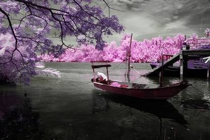 Surreal Infrared Landscape with Boat on River